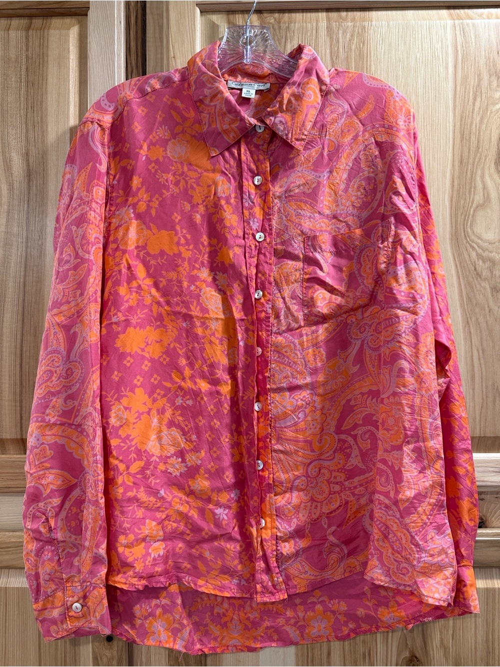 Women’s Coldwater Creek Silk Pink Orange Paisley Floral Button Shirt Size XL